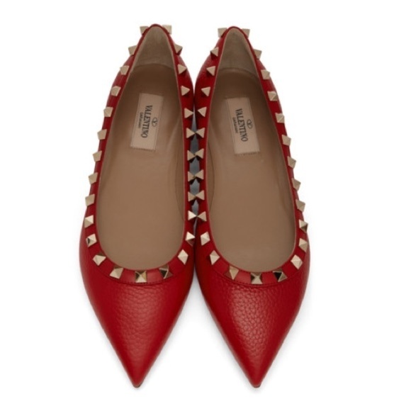 Authentic | Valentino Garavani | Rockstud Pointed Toe Flats | Red | Size 37.5 - Picture 2 of 9
